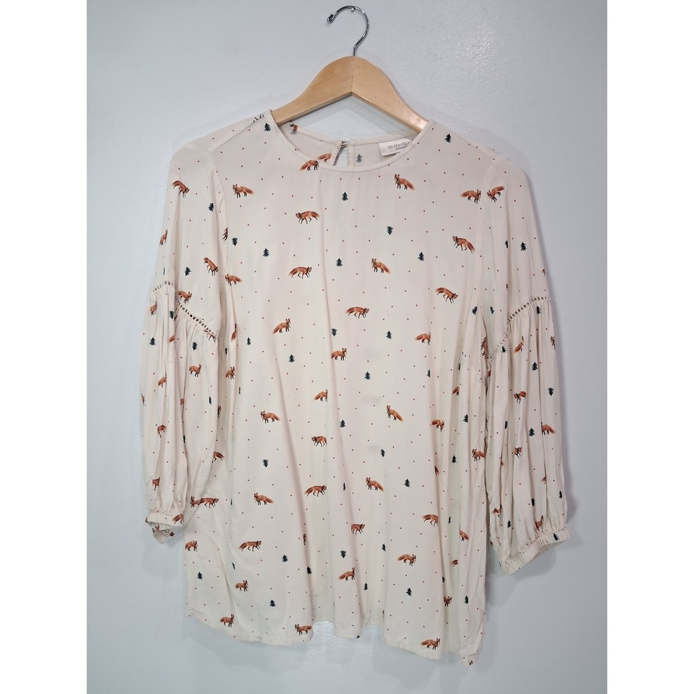 Motherhood Maternity Fox Print Blouse Cream Woodland Tree Puff Sleeve Small